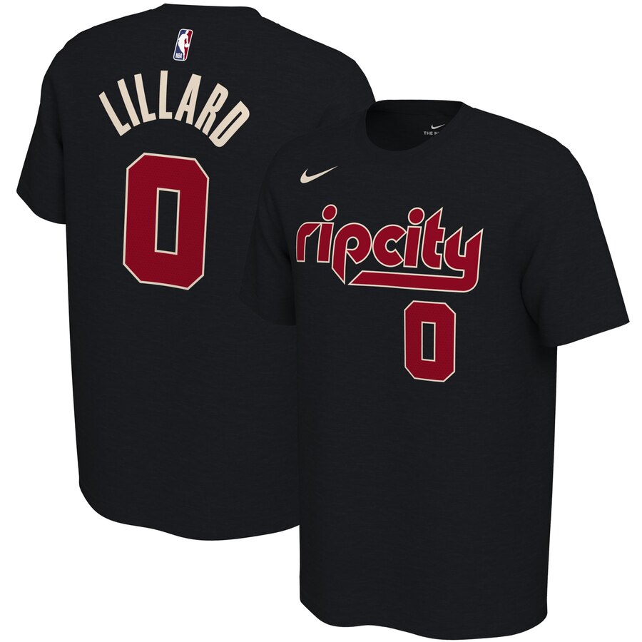 Men 2020 NBA Nike Damian Lillard Portland Trail Blazers Black 201920 City Edition Variant Name Number TShirt.